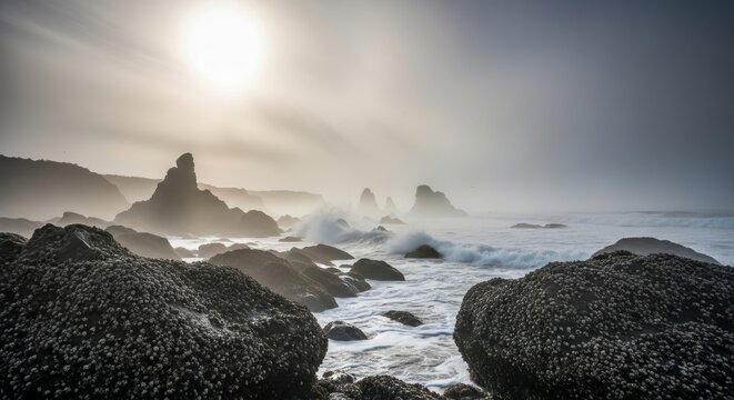 Dramatic coastal seascape with crashing waves and rocky formations bathed in morning mist