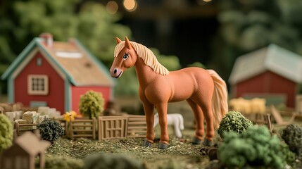 Stuffed horse standing on a toy farm set