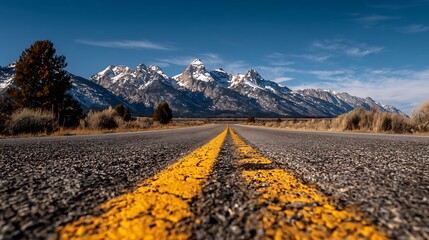 Open road leading to snowcapped mountains.