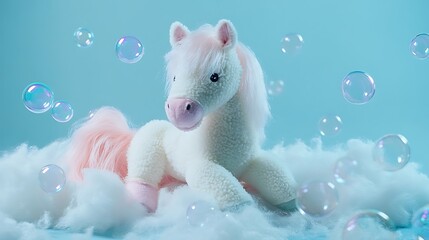 Stuffed horse surrounded by floating bubbles