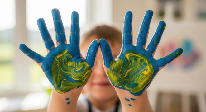 Young artist reveals playful creativity with vibrant handprints in an artistic display