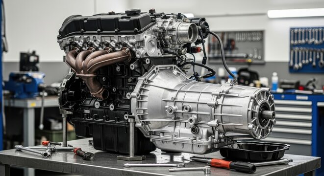 Automotive engine block and transmission showcased in a professional garage setting repair shop