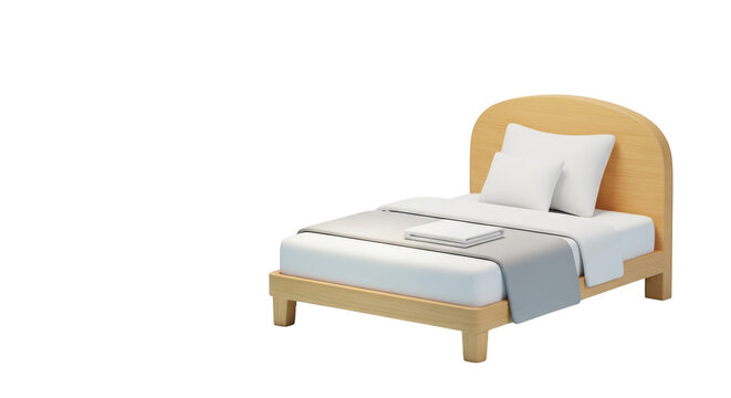 Simple wooden bed with white linens isolated on a transparent background furniture bedroom