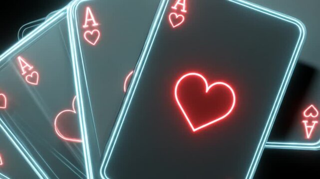 Neon-blue playing cards fanned, glowing red heart symbols amid scattered poker chips in darkness.!!!