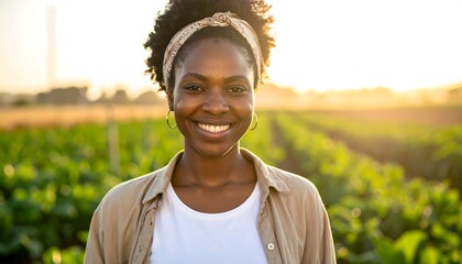 A smiling, young Black woman stands in a lush green field, glowing in golden sunlight