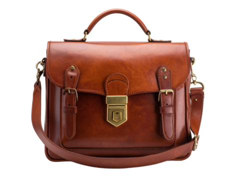 Isolated brown leather briefcase or business bag with handle and lock