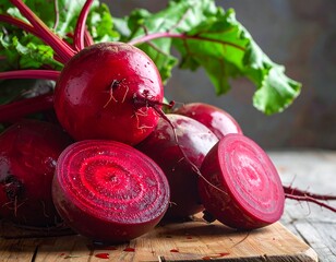 Freshly harvested root vegetables with vibrant red flesh and green leaves