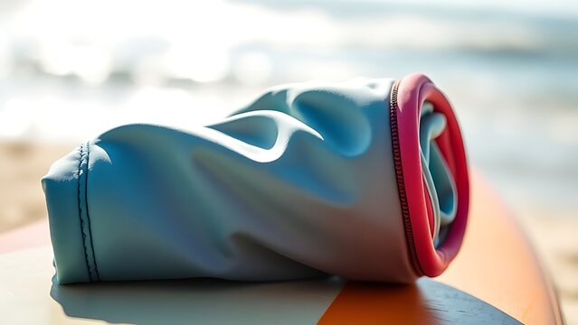 rashguard. A colorful rolled-up rashguard resting on a surfboard at the beach. event key visuals, club posters, designed for fitness apps and gym onboarding, drives event promotion.