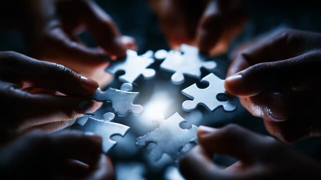 Collaboration in Action: A Group of Hands Assembles Interlocking Puzzle Pieces Against a Dark Background, Signifying Teamwork and Unity in Creating a Complete Picture.