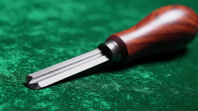 A close-up of a wood-handled carving tool on a textured, green surface