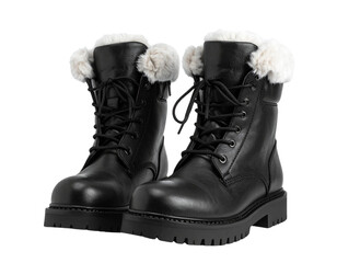 A single pair of black leather boots for fashion and footwear, isolated on a white background