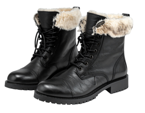 A single pair of black leather boots for fashion and footwear, isolated on a white background