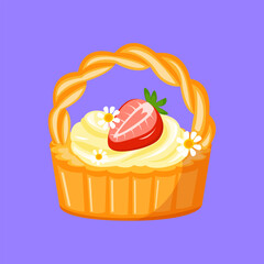 Cute basket tart with cream filling and fresh strawberry topping in elegant dessert style.