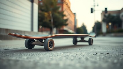 ollie. Skateboard on concrete, captured at a dynamic angle with motion blur against an urban backdrop. event key visuals, club posters, designed for fitness apps and gym onboarding.