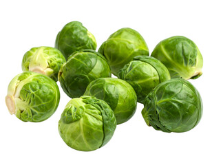 Fototapeta premium Fresh organic green Brussels sprouts isolated on a white background, a healthy raw vegetable ingredient for a vegetarian diet