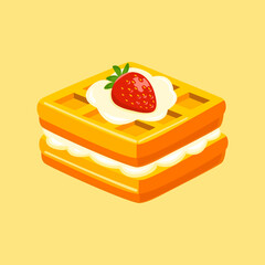 Layered waffle dessert filled with cream and topped with fresh strawberry slice.