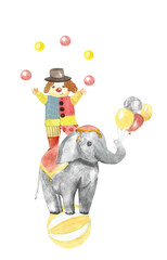 Circus watercolor illustration of clown on elephant. Vertical composition perfect for poster, card, invitation. Watercolor circus elephant on ball with baloons, clown with balls.