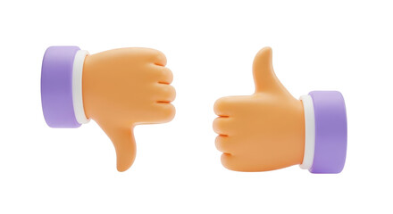 Thumbs Up and Down 3D Icons isolated on a transparent background thumbs down like