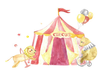 Circus watercolor baby animals and tent illustration. Lion and bear, baloons. Cute childish circus background. Perfect for invitations, cards, posters.
