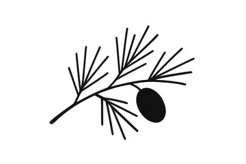 Pine branch drawing with needles and cone, black silhouette line art symbol on transparent background