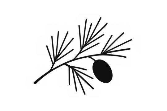 Pine branch drawing with needles and cone, black silhouette line art symbol on transparent background