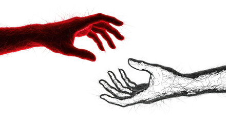 Two hands reaching with white tendrils isolated on a transparent background connection