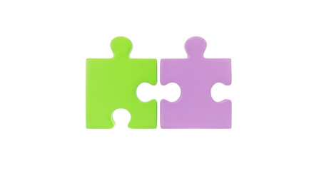 Two interlocking puzzle pieces green and purple isolated on a transparent background jigsaw