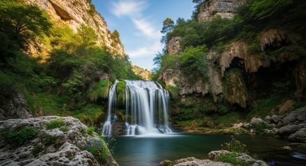 Spectacular veil waterfall flows through majestic cliff faces covered in dense greenery creating a