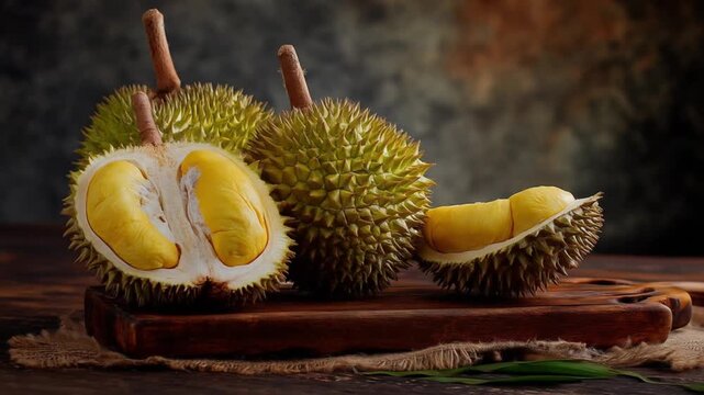 Open durians reveal pale yellow flesh atop a rustic wooden slab, spiky green husks gleaming,vibrant