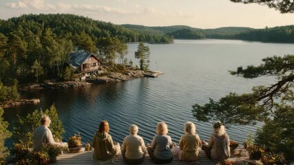 Spiritual longevity retreat elderly woman lakeside cabin peaceful nature gathering elders sitting together enjoying calm - Powered by Adobe
