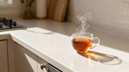 Cup of Tea with Steam in Minimal Kitchen