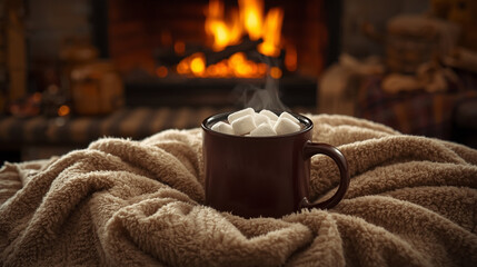 Cozy Hot Chocolate Marshmallows Blanket Fireplace - Warm Winter Comfort Hygge Lifestyle Scene
