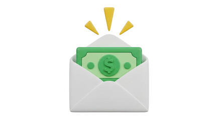 White envelope with green dollar bill and yellow rays isolated on a transparent background