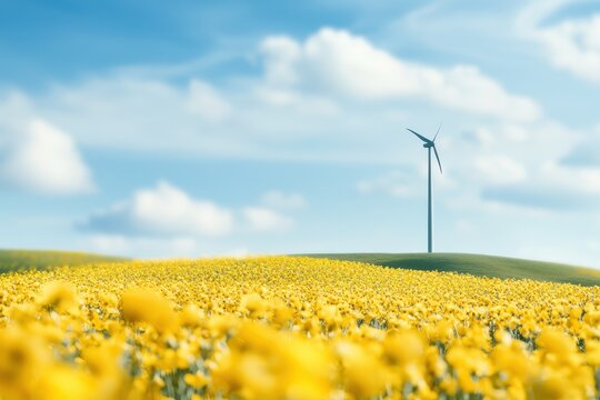 Sustainability resources policy concept. Vibrant yellow flowers with a wind turbine against a blue sky backdrop.