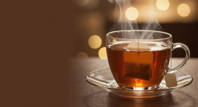 A steaming hot cup of tea with a teabag in a clear glass mug. Cozy beverage on a dark table with a warm bokeh lights background. Banner with copy space for text