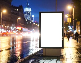 Billboard standing on a wet city street at night