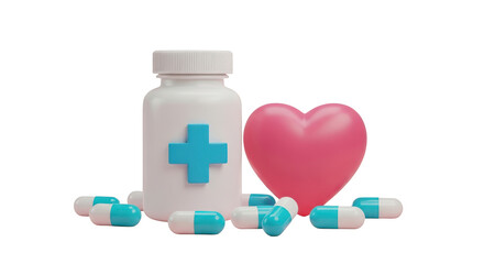 White pill bottle with blue cross and pink heart isolated on a transparent background