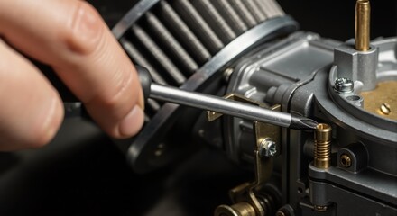 A mechanic's hand adjusts a car carburetor with a screwdriver. Close-up of engine tuning and vehicle maintenance. Automotive repair service