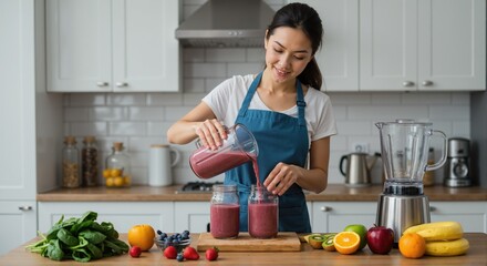 Smiling asian woman pouring a fresh fruit smoothie into glasses in a modern kitchen. Healthy lifestyle and nutrition concept. Preparing a homemade detox drink with a blender