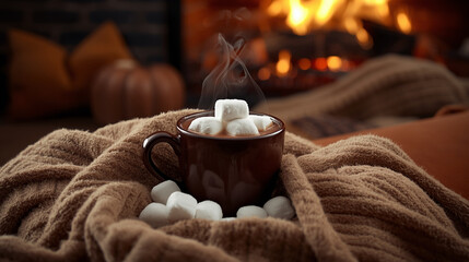 Steaming Hot Cocoa Cup Marshmallows Cozy Blanket Fire - Winter Comfort Beverage Photography