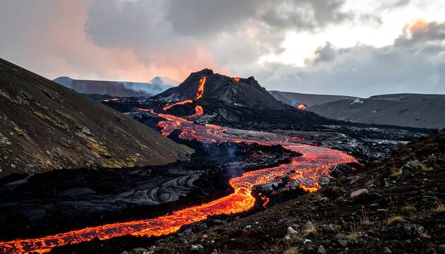 A fiery river of molten lava flows down from a dark volcanic cone, under a cloudy sky