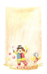 Watercolor clown illustration. Background of circus character. Clown with cotton candy, balls, baloons, ribbon with text.