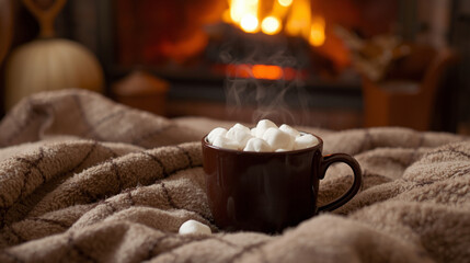 Hot Chocolate Marshmallows Beige Blanket Fireplace Bokeh - Cozy Winter Hygge Atmosphere