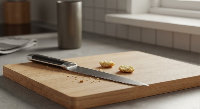 A serrated knife with bread crumbs on a wooden cutting board in a modern kitchen. Culinary still life and food preparation concept