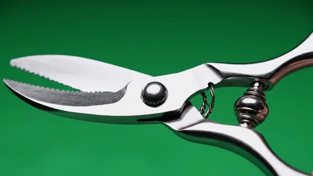 Close-up of shiny, silver scissors on a vibrant green backdrop. Focused on the blades