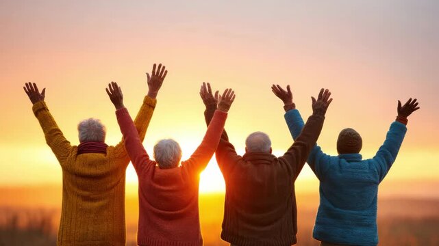 Senior sunrise celebration togetherness outdoors warmth silhouette spiritual longevity friends celebrating joy raising hands