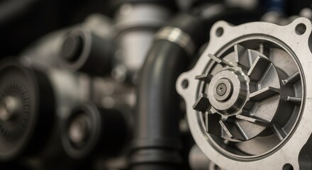 Fototapeta premium A detailed close-up of a new automotive water pump. Car engine cooling system component for vehicle maintenance and repair service