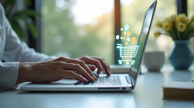 A person's hands typing on a laptop keyboard to make an online purchase, with a glowing digital shopping cart icon illustrating the concept of e-commerce