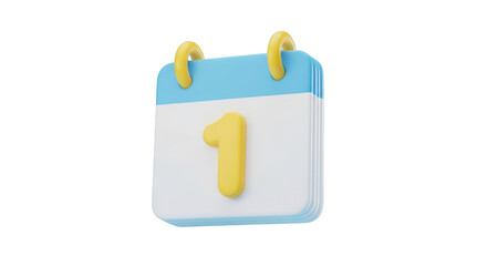 3D Calendar Icon with Number One isolated on a transparent background date first