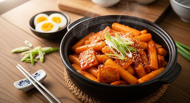 A steaming bowl of authentic Korean Tteokbokki, chewy rice cake featuring spicy gochujang sauce, garnished with sesame seeds and fresh scallions. Served with sliced hard-boiled eggs on the side.